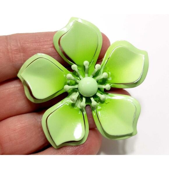 Vintage Light Green Flower Brooch, Enamel On Metal, 1960s, 2 3/8 Inches - Picture 6 of 10